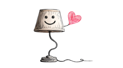 A doodle lamp with a happy face on its shade and a light that's shaped like a heart, isolated on a Transparent Background