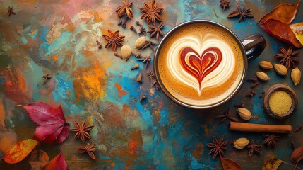 vibrant chai latte setup with a latte art heart, surrounded by scattered spices like star anise, cardamom, and cinnamon on a rustic table