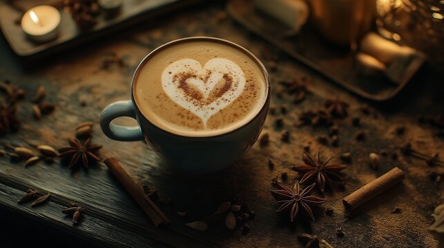 vibrant chai latte setup with a latte art heart, surrounded by scattered spices like star anise, cardamom, and cinnamon on a rustic table