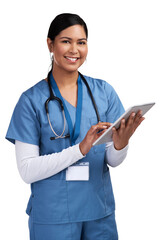 Tablet, portrait and doctor, woman or nurse isolated on transparent png background for telehealth...