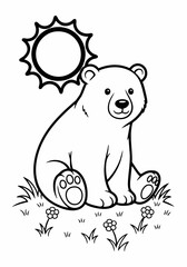 Cute Cartoon Bear Cub Sitting on Grass Coloring Page.