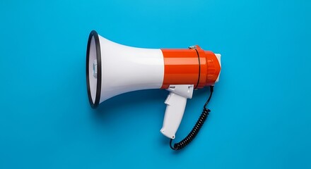 Orange and white megaphone with dark wiring on bright cyan backdrop