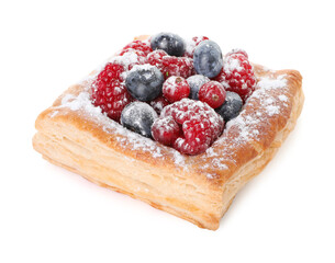 Tasty puff pastry with berries and powdered sugar isolated on white