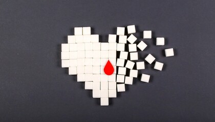 Sugar Cube Heart with Blood Drop: Diabetes Concept on Dark Background