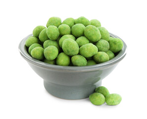 Delicious wasabi coated peanuts in bowl isolated on white
