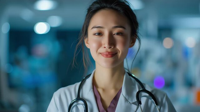 A young female doctor with stethoscope in hospital, professional and confident healthcare worker, smiling in medical uniform, modern clinic backgro
