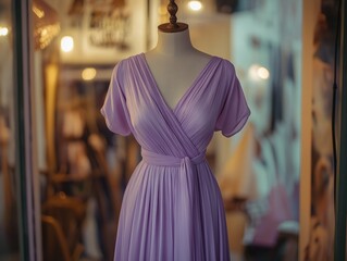 women wrap dress in soft lavender displayed on a mannequin with a blurred boutique interior and soft lighting