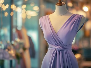 women wrap dress in soft lavender displayed on a mannequin with a blurred boutique interior and soft lighting