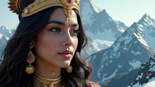 Serene Goddess Parvati video in 4k, close-up face view on Himalayan snow peak, divine beauty, spiritual journey, Hindu deity, peaceful meditation