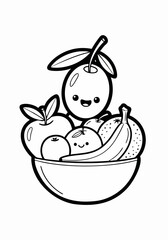 Adorable cartoon fruits with smiling faces in a bowl line art.