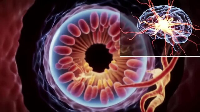 Scientific 3D animation of the human eye and brain connection showing a light beam entering the pupil and stimulating neural activity representing vision perception and ophthalmology.