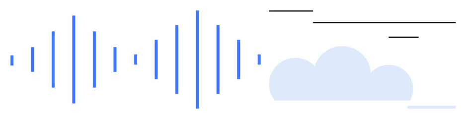 Vertical audio waves and a cloud icon with black lines indicating synchronization and data flow. Ideal for music, podcast, cloud storage, sound editing, sound analysis, wireless technology, simple