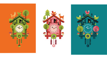 Whimsical forest cuckoo clocks adorned with playful deer, birds, and mushrooms bring charming vintage flair to any design project.