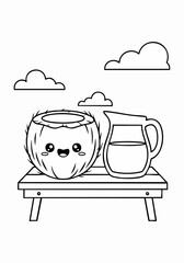 cute kawaii coconut and coconut water on a small wooden table.