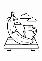 Cartoon Banana with Pitcher on Table, Black and White Line Art.