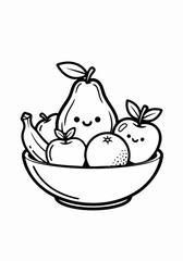 Cute Cartoon Fruit Bowl Illustration with Smiling Faces and Simple Outlines.