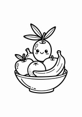 Cute cartoon fruit bowl line art illustration for coloring pages.
