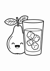 Cute Pear with Smiling Face and Glass of Iced Drink Line Art.