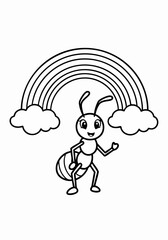 Ant Under Rainbow Coloring Page for Kids and Adults.