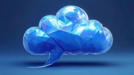 Stunning crystal blue speech bubble cloud with geometric facets glows with modern digital communication and ideas