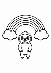 Cute Cartoon Sloth Standing Under a Rainbow Coloring Page.