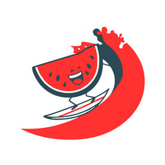 Happy watermelon slice surfing on a big wave, perfect for summer fun and vibrant designs