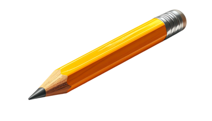 A digitally rendered, yellow hexagonal pencil with a sharpened graphite tip and a metallic eraser rests at an angle against a black background
