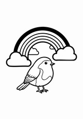 Cute cartoon bird and rainbow coloring page for kids.