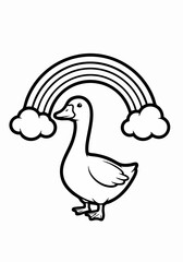 Cute duck standing under a rainbow with clouds line art for coloring.