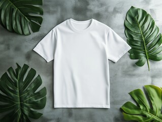 white t-short styled flat on a gray concrete surface with exotic tropical leaves nearby.