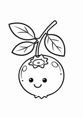 Cute Blueberry Cartoon with Smiling Face and Leaves, Simple Black and White Line Art.