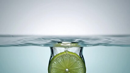 Super slow motion close up of a fresh green lime slice falling into pure water creating a dynamic splash with droplets flying up against a clean white background. - Powered by Adobe