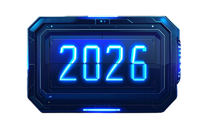 Minimalist Digital Clock Calendar Display Showing 2026, Futuristic Happy New Year Theme