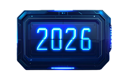 Minimalist Digital Clock Calendar Display Showing 2026, Futuristic Happy New Year Theme