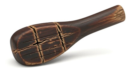 A traditional dark wood mallet or pounder used as a rustic kitchen utensil for mashing, isolated on a clean white background