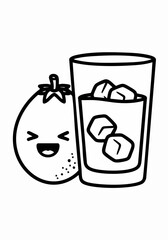 Orange fruit with a happy face and a glass of refreshing iced drink.