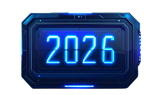 Minimalist Digital Clock Calendar Display Showing 2026, Futuristic Happy New Year Theme