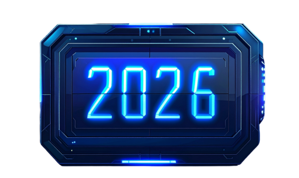 Minimalist Digital Clock Calendar Display Showing 2026, Futuristic Happy New Year Theme