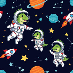 Cheerful cartoon astronaut dinosaurs exploring a starry cosmos with planets and rockets Kids adventure