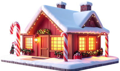Minimalist Festive Santa’s Workshop Exterior with Snow and Candy Canes, Transparent Background