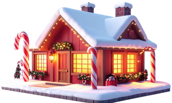 Minimalist Festive Santa’s Workshop Exterior with Snow and Candy Canes, Transparent Background