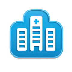Light blue cloud graphic with a white hospital building