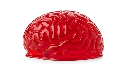 A vibrant red gelatin dessert in the shape of a human brain, symbolizing ideas for brain food or a spooky Halloween treat isolated on a white background