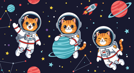 Playful astronaut cats explore a vibrant outer space filled with planets stars and a rocket