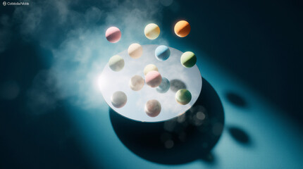Glowing marbles circle a floating mirror on deep teal with gentle light beams. Sleek, sci‑fi, high‑color motion.