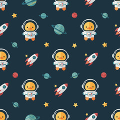 Cute duck astronauts rockets and planets in a fun seamless space pattern for kids Imagination adventure
