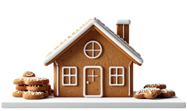 Minimalist Gingerbread House with Cookies, Clean Side Angle Design, Transparent Background