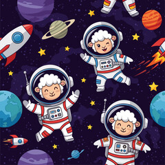 Smiling sheep astronauts float among planets and rockets in vibrant outer space Joyful cosmic adventure