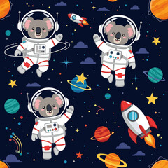 Cute koala astronauts in space with planets stars and rockets Fun adventurous design