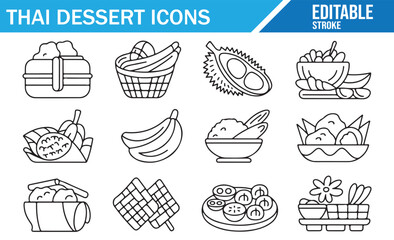 Minimal Thai Dessert Line Icons – Editable Stroke Vector Set